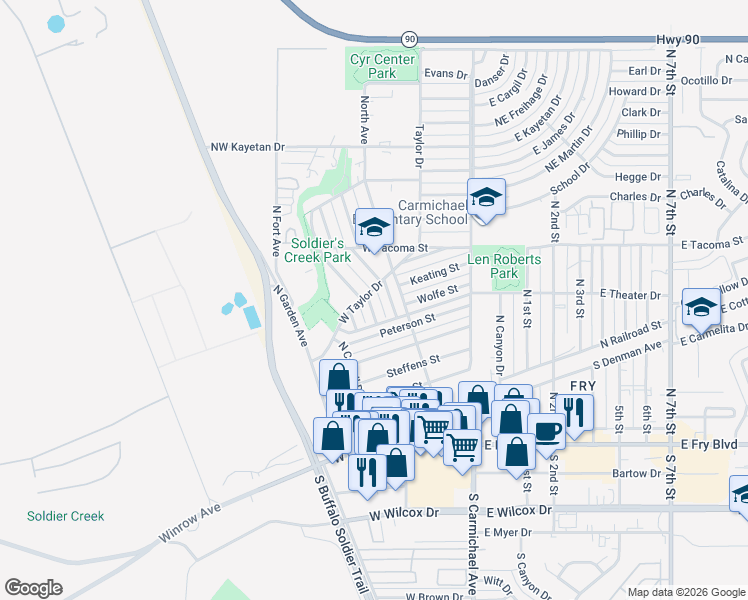 map of restaurants, bars, coffee shops, grocery stores, and more near 548 Graham Place in Sierra Vista