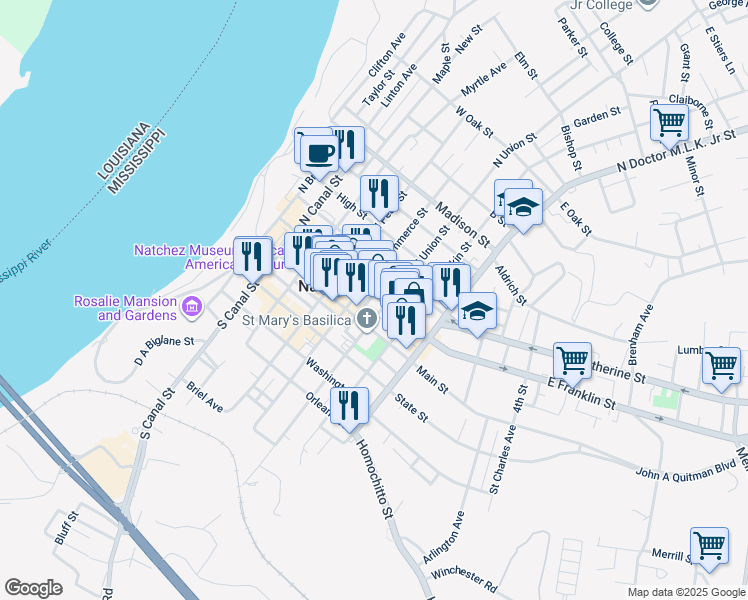 map of restaurants, bars, coffee shops, grocery stores, and more near 512 Franklin Street in Natchez