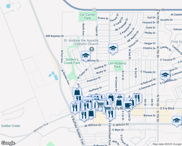 map of restaurants, bars, coffee shops, grocery stores, and more near 532 North Avenue in Sierra Vista
