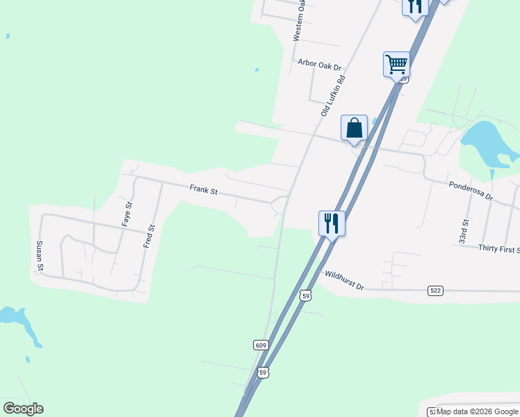 map of restaurants, bars, coffee shops, grocery stores, and more near 205 County Road 6101 in Nacogdoches