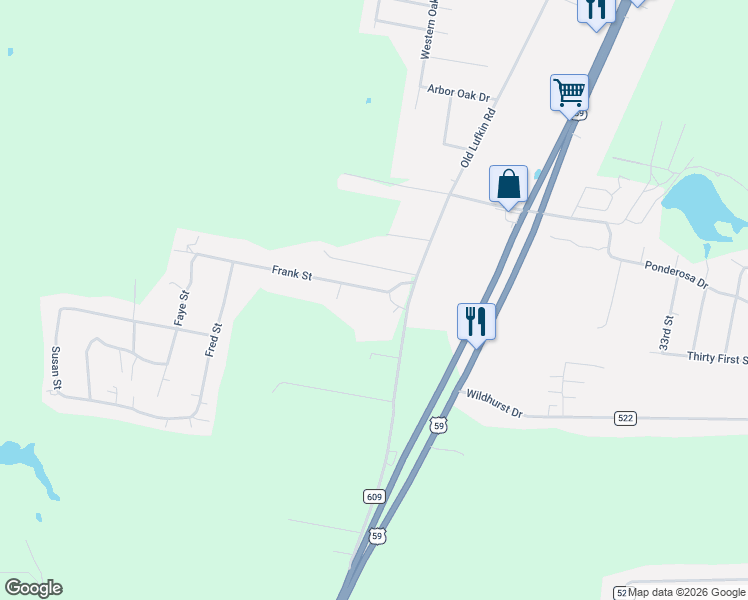 map of restaurants, bars, coffee shops, grocery stores, and more near 205 County Road 6101 in Nacogdoches