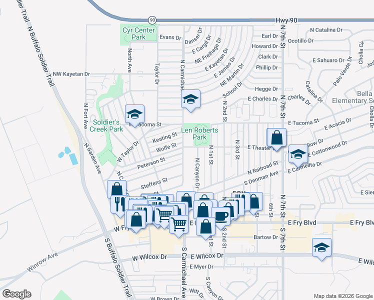 map of restaurants, bars, coffee shops, grocery stores, and more near 233 North Carmichael Avenue in Sierra Vista