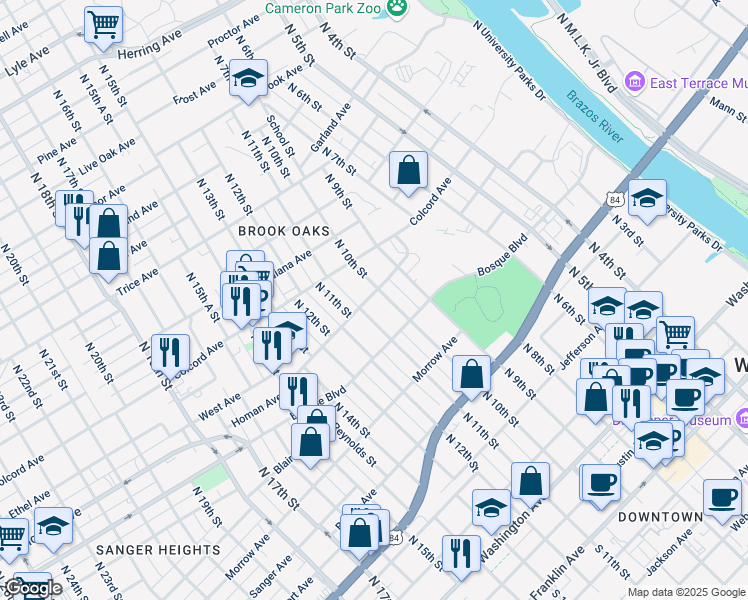 map of restaurants, bars, coffee shops, grocery stores, and more near 1010 West Avenue in Waco