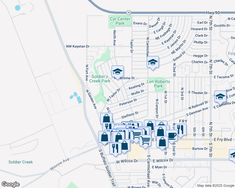 map of restaurants, bars, coffee shops, grocery stores, and more near 548 Graham Place in Sierra Vista