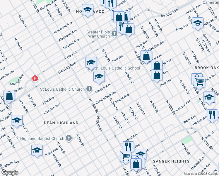 map of restaurants, bars, coffee shops, grocery stores, and more near 2212 Windsor Avenue in Waco