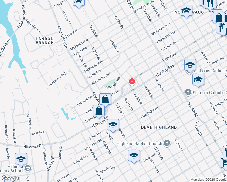 map of restaurants, bars, coffee shops, grocery stores, and more near 3101 Lyle Avenue in Waco