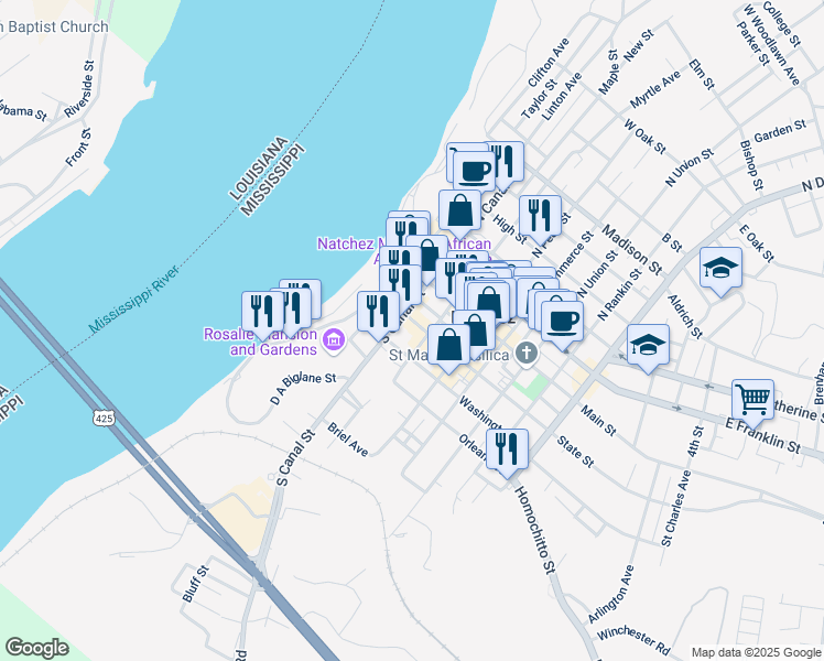 map of restaurants, bars, coffee shops, grocery stores, and more near 210 State Street in Natchez