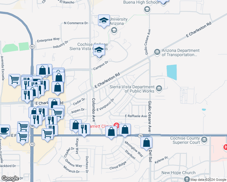 map of restaurants, bars, coffee shops, grocery stores, and more near 4940 Marconi Drive in Sierra Vista