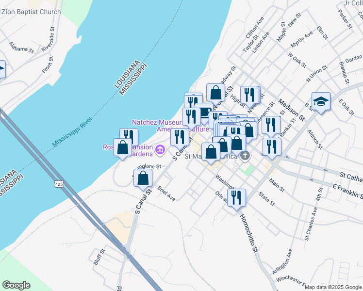 map of restaurants, bars, coffee shops, grocery stores, and more near 109 Washington Street in Natchez