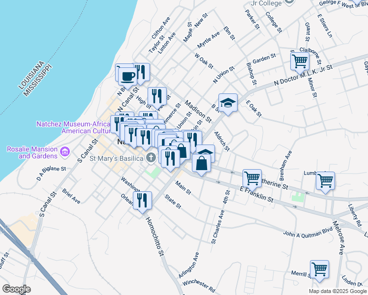 map of restaurants, bars, coffee shops, grocery stores, and more near 315 Martin Luther King Junior Road in Natchez