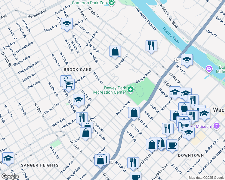 map of restaurants, bars, coffee shops, grocery stores, and more near 1121 North 10th Street in Waco