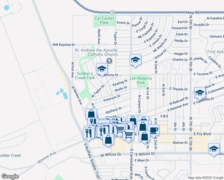 map of restaurants, bars, coffee shops, grocery stores, and more near 197 Wolfe Street in Sierra Vista