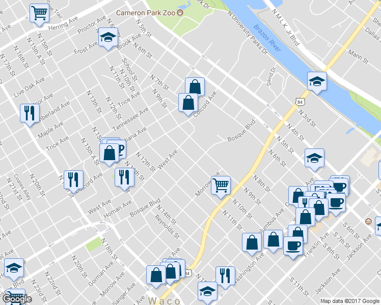 map of restaurants, bars, coffee shops, grocery stores, and more near 1121 North 10th Street in Waco
