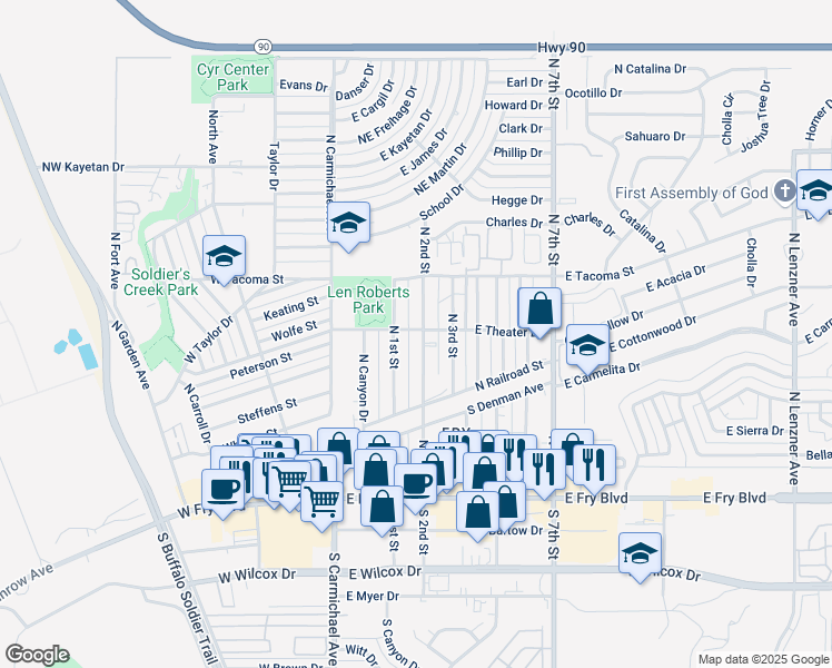 map of restaurants, bars, coffee shops, grocery stores, and more near 226 North 2nd Street in Sierra Vista