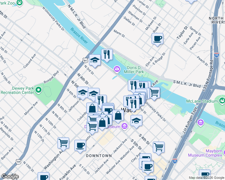 map of restaurants, bars, coffee shops, grocery stores, and more near 215 Washington Avenue in Waco