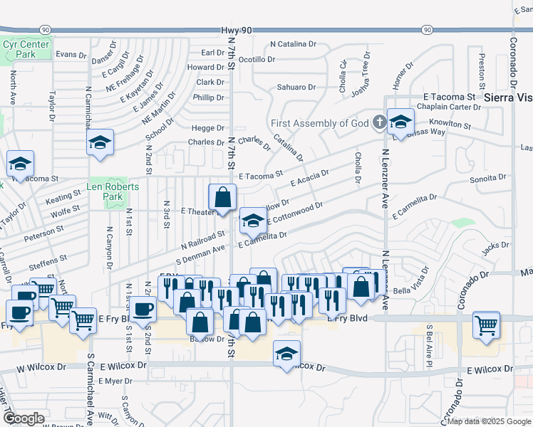 map of restaurants, bars, coffee shops, grocery stores, and more near 970 Quail Hollow Drive in Sierra Vista