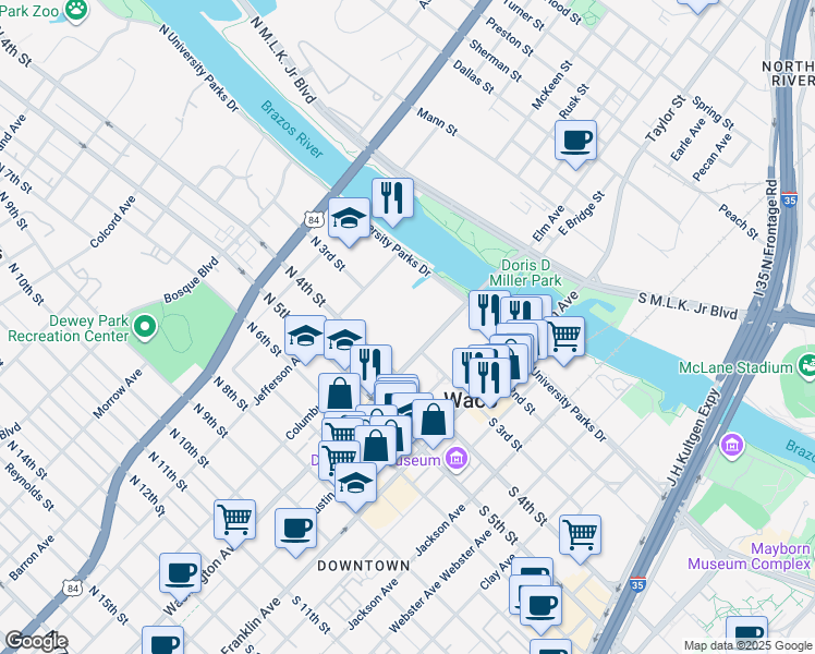 map of restaurants, bars, coffee shops, grocery stores, and more near 215 Washington Avenue in Waco