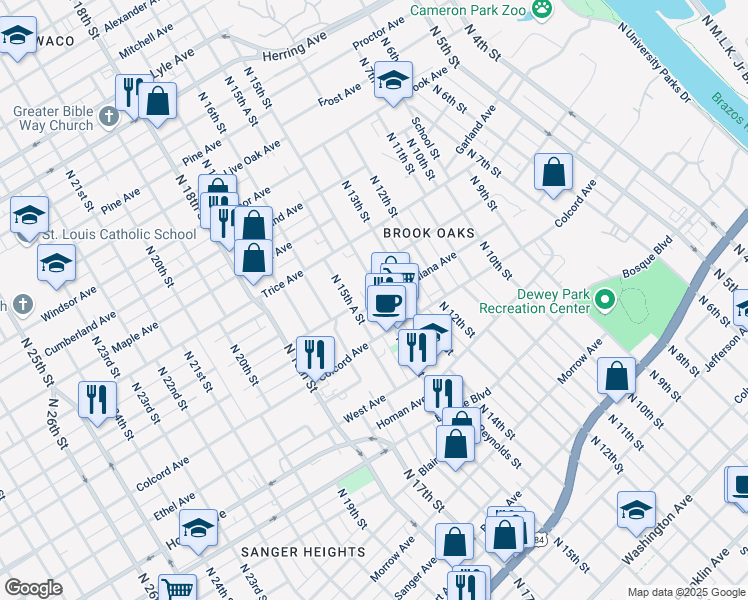 map of restaurants, bars, coffee shops, grocery stores, and more near 1600 N 15th St in Waco