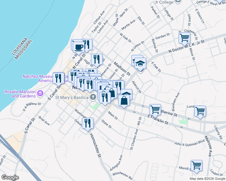 map of restaurants, bars, coffee shops, grocery stores, and more near 320 North Doctor Martin Luther King Junior Street in Natchez