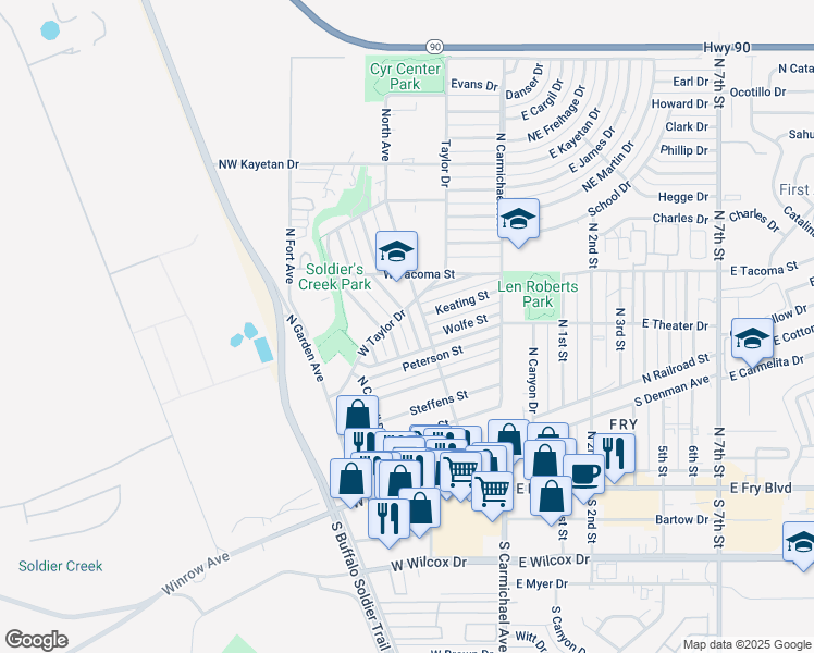 map of restaurants, bars, coffee shops, grocery stores, and more near 549 Graham Place in Sierra Vista