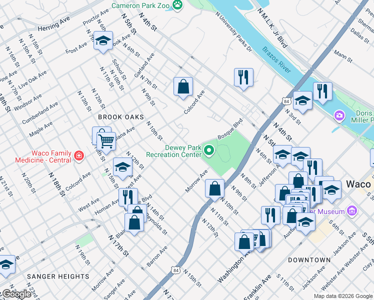 map of restaurants, bars, coffee shops, grocery stores, and more near 932 North 9th Street in Waco