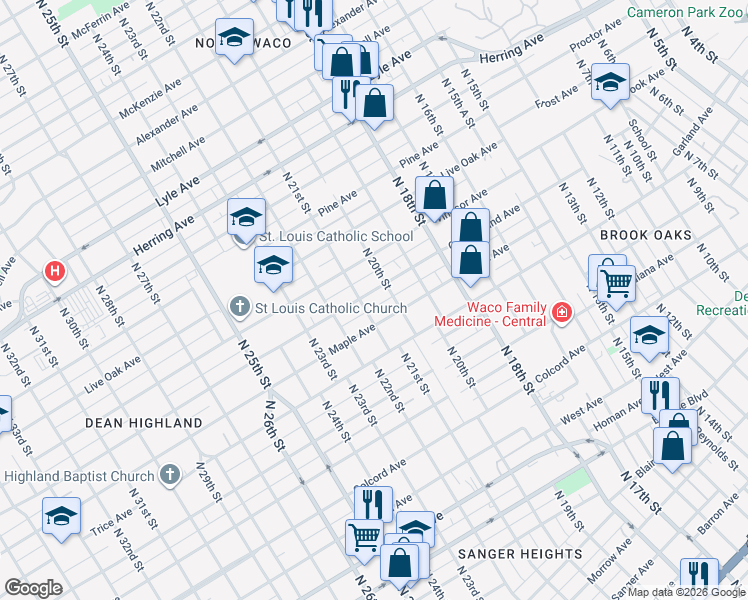 map of restaurants, bars, coffee shops, grocery stores, and more near 2016 Cumberland Ave in Waco