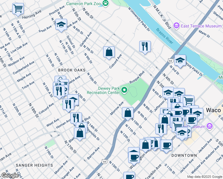 map of restaurants, bars, coffee shops, grocery stores, and more near 932 North 9th Street in Waco