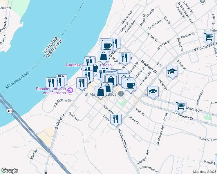 map of restaurants, bars, coffee shops, grocery stores, and more near 111 South Pearl Street in Natchez