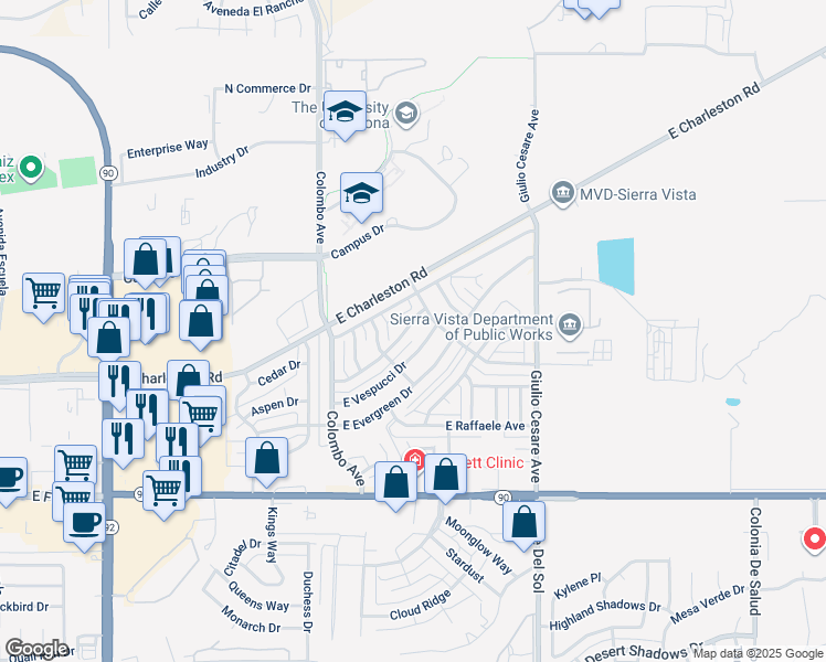 map of restaurants, bars, coffee shops, grocery stores, and more near 4944 Marconi Drive in Sierra Vista