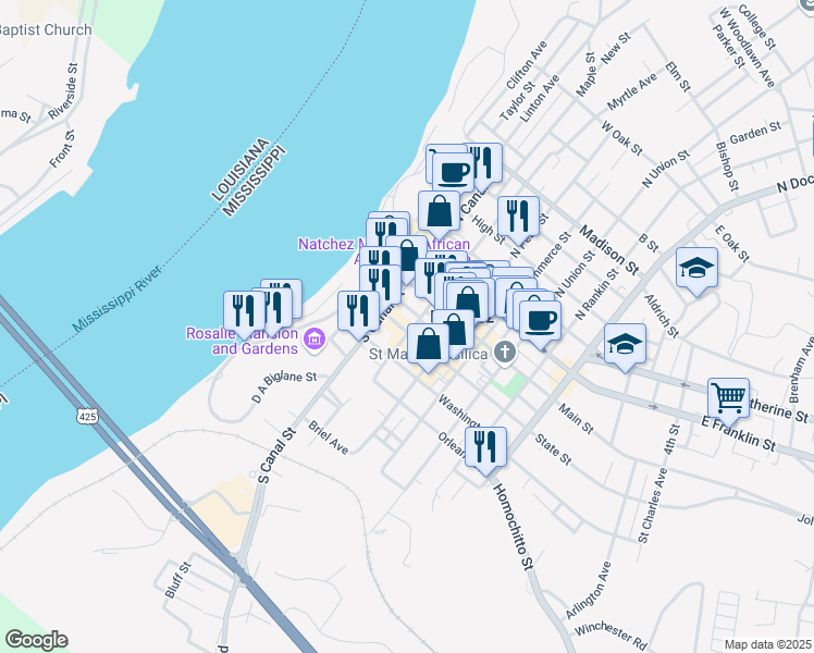 map of restaurants, bars, coffee shops, grocery stores, and more near 118 South Wall Street in Natchez