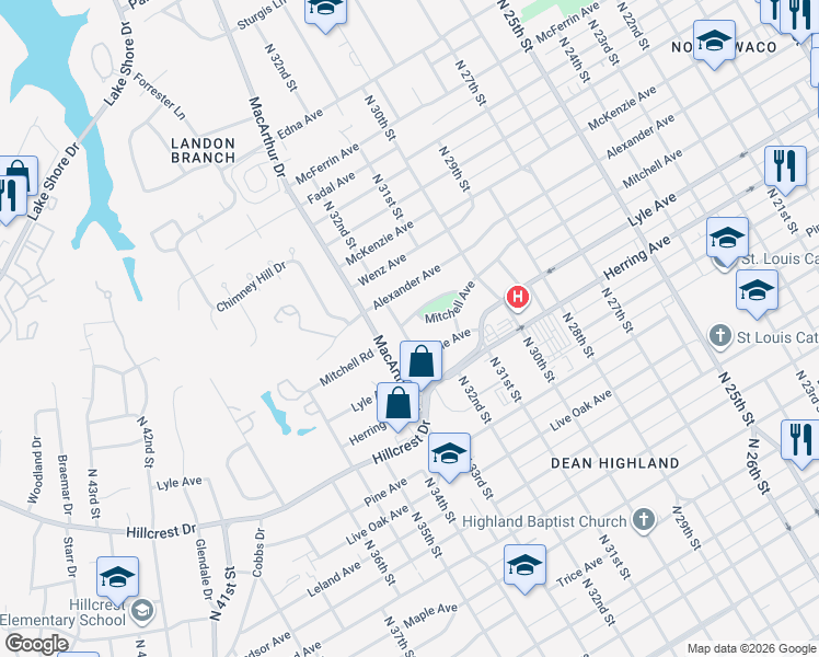 map of restaurants, bars, coffee shops, grocery stores, and more near 3120 Mitchell Avenue in Waco