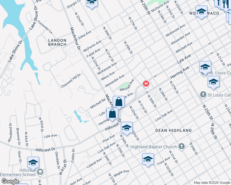 map of restaurants, bars, coffee shops, grocery stores, and more near 3120 Mitchell Avenue in Waco