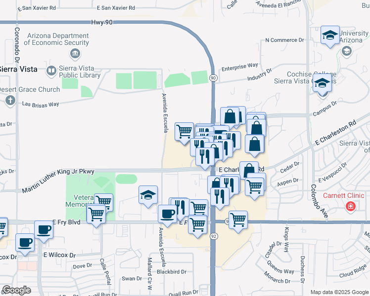 map of restaurants, bars, coffee shops, grocery stores, and more near 500 Arizona 90 in Sierra Vista