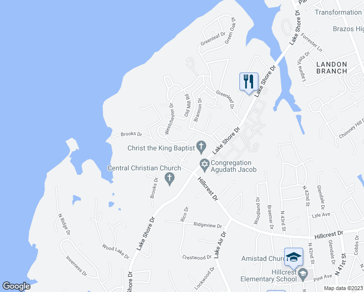 map of restaurants, bars, coffee shops, grocery stores, and more near 4513 Westchester Drive in Waco