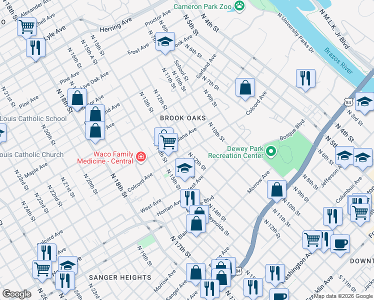 map of restaurants, bars, coffee shops, grocery stores, and more near 1207 Colcord Avenue in Waco