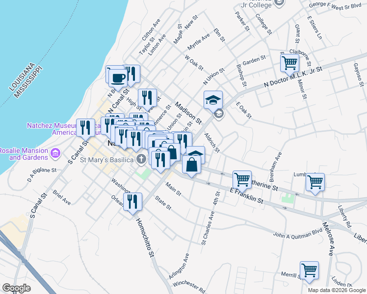 map of restaurants, bars, coffee shops, grocery stores, and more near 320 North Doctor Martin Luther King Junior Street in Natchez