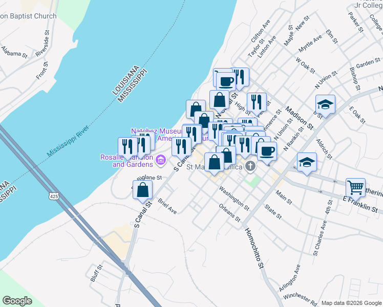 map of restaurants, bars, coffee shops, grocery stores, and more near 109 Washington Street in Natchez