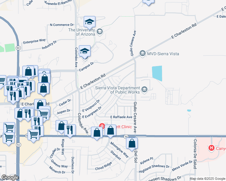 map of restaurants, bars, coffee shops, grocery stores, and more near 509 North Leonardo De Vinci Drive in Sierra Vista