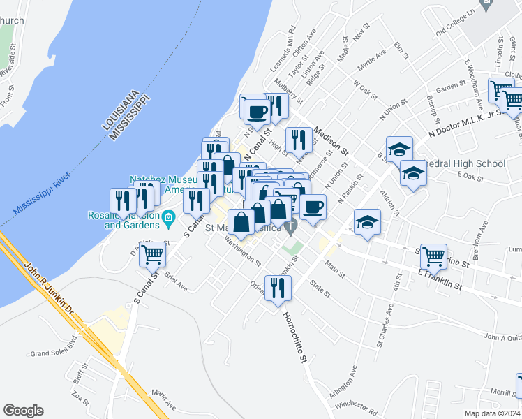 map of restaurants, bars, coffee shops, grocery stores, and more near Main St & S Pearl St in Natchez