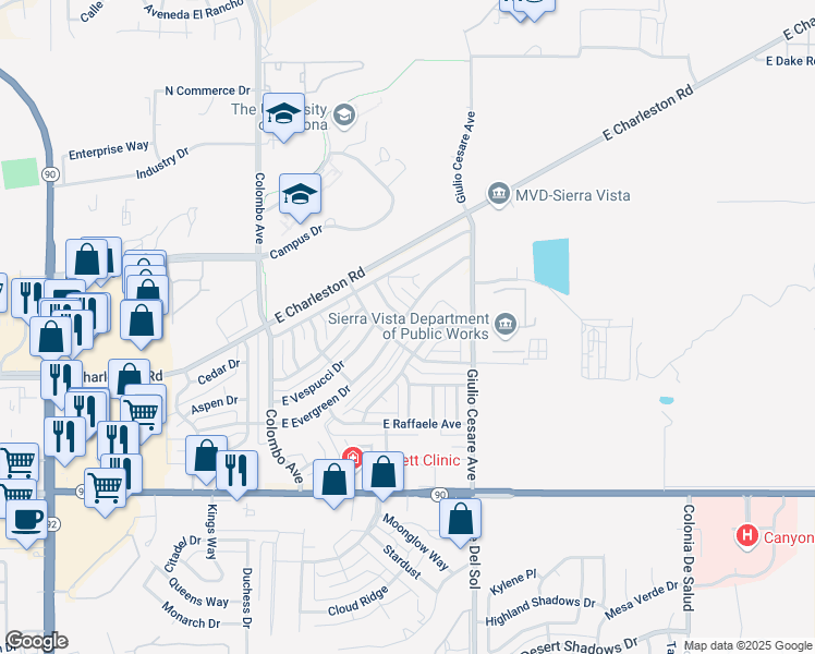 map of restaurants, bars, coffee shops, grocery stores, and more near 509 North Leonardo De Vinci Drive in Sierra Vista