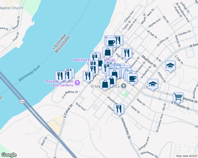 map of restaurants, bars, coffee shops, grocery stores, and more near 118 South Wall Street in Natchez