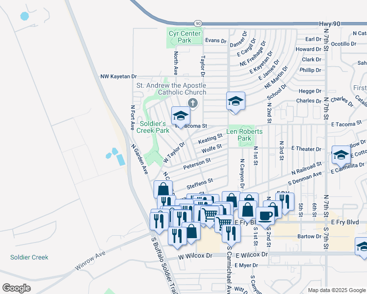 map of restaurants, bars, coffee shops, grocery stores, and more near 557 North Graham Drive in Sierra Vista