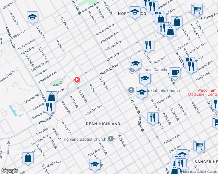map of restaurants, bars, coffee shops, grocery stores, and more near 2625 Pine Avenue in Waco