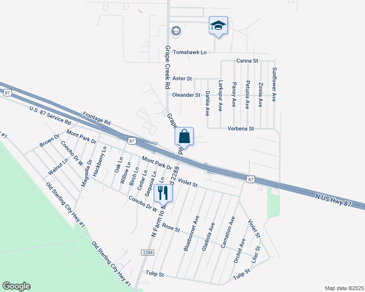 map of restaurants, bars, coffee shops, grocery stores, and more near 8321-8343 Grape Creek Rd in San Angelo
