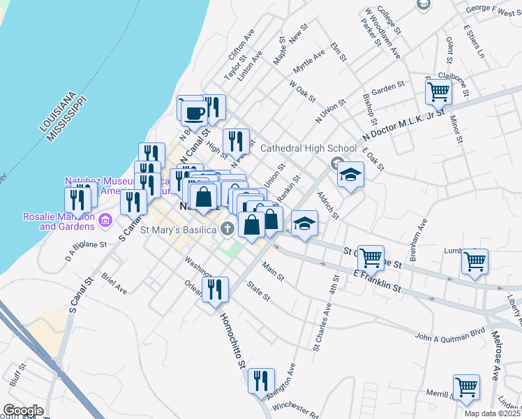 map of restaurants, bars, coffee shops, grocery stores, and more near 611 Jefferson Street in Natchez