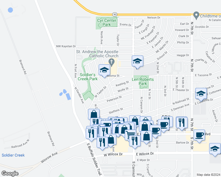 map of restaurants, bars, coffee shops, grocery stores, and more near 548 North Avenue in Sierra Vista