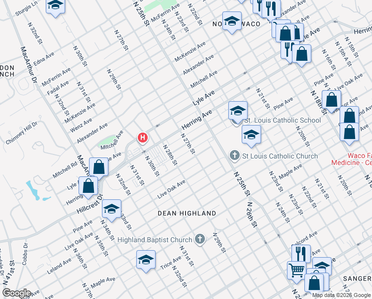 map of restaurants, bars, coffee shops, grocery stores, and more near 2718 Proctor Avenue in Waco