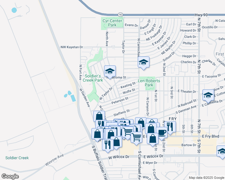 map of restaurants, bars, coffee shops, grocery stores, and more near 548 Graham Place in Sierra Vista