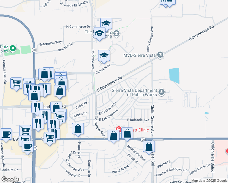map of restaurants, bars, coffee shops, grocery stores, and more near 4944 Marconi Drive in Sierra Vista