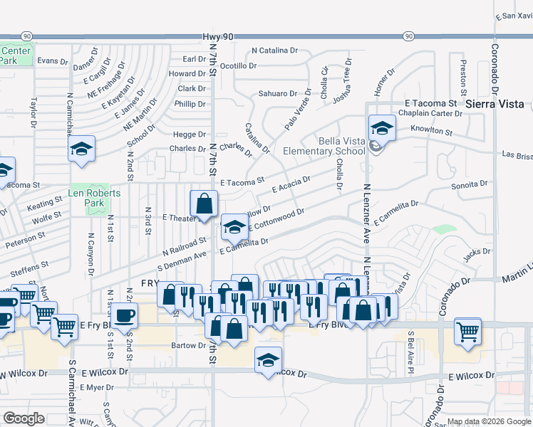 map of restaurants, bars, coffee shops, grocery stores, and more near 1096 East Cottonwood Drive in Sierra Vista
